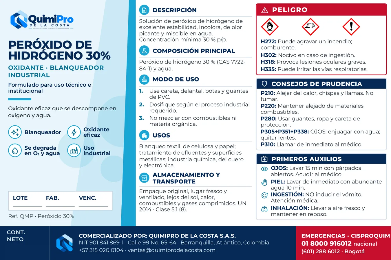 Etiqueta oficial de Peróxido de Hidrógeno 30% x Pimpina 30KL