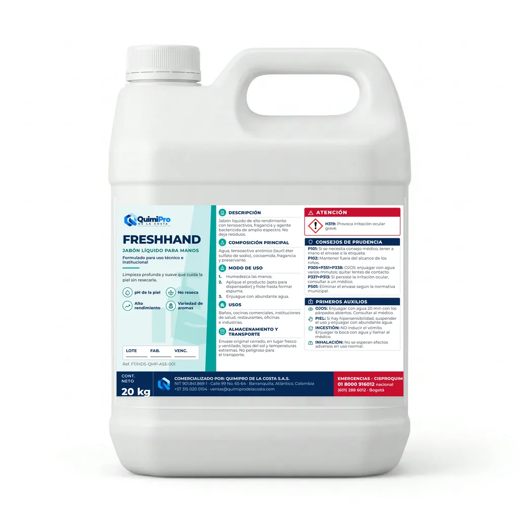 Envase de 20 kg de FreshHand - Jabón Líquido de Manos con su etiqueta