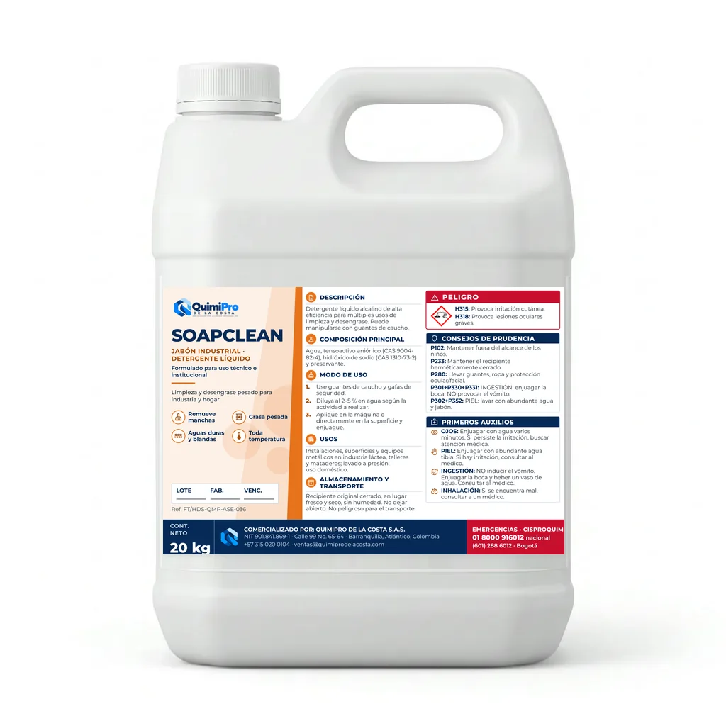 Envase de 20 kg de SOAPCLEAN Jabón líquido con su etiqueta