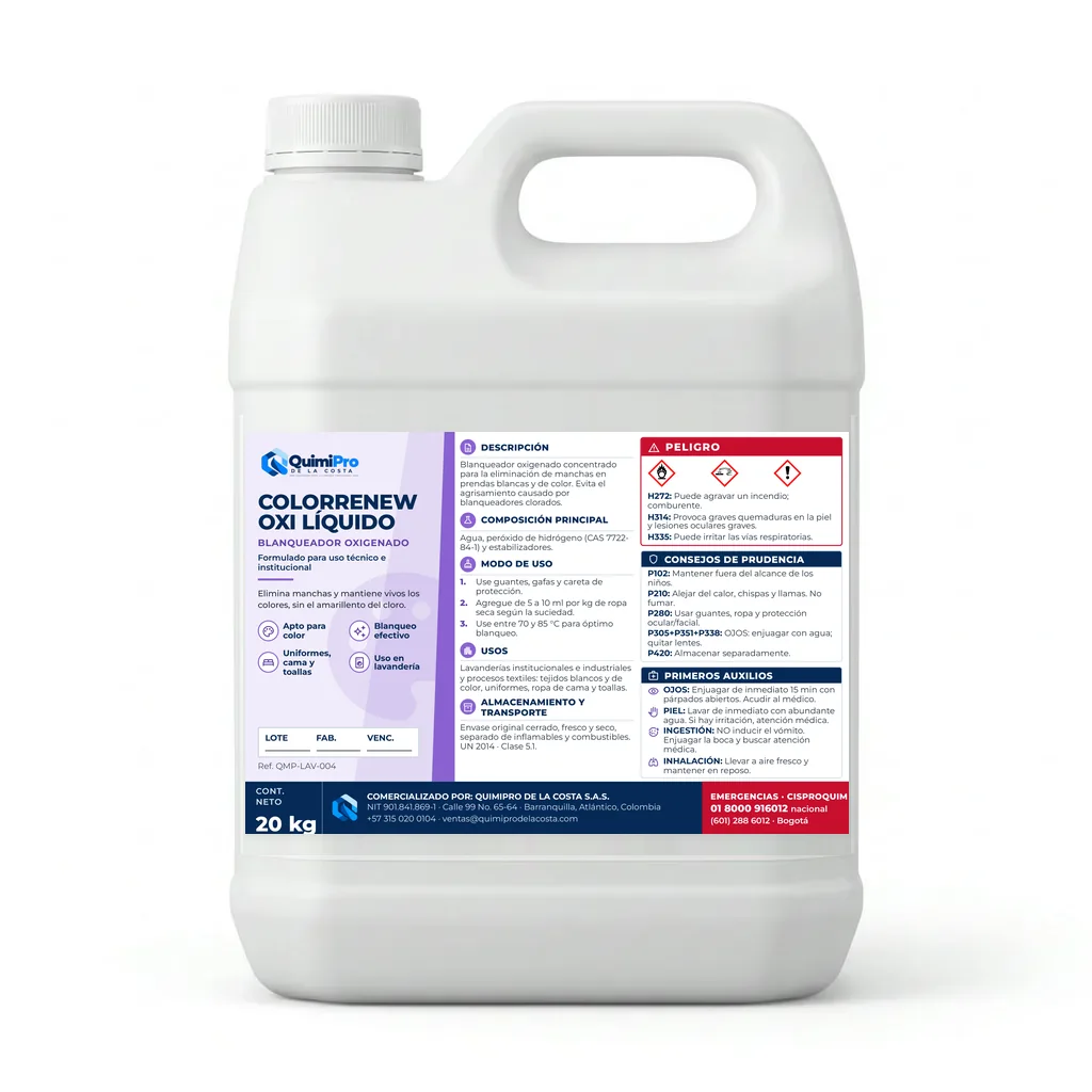 Envase de 20 kg de ColorRenew Oxi Detergente Líquido Oxigenado con su etiqueta