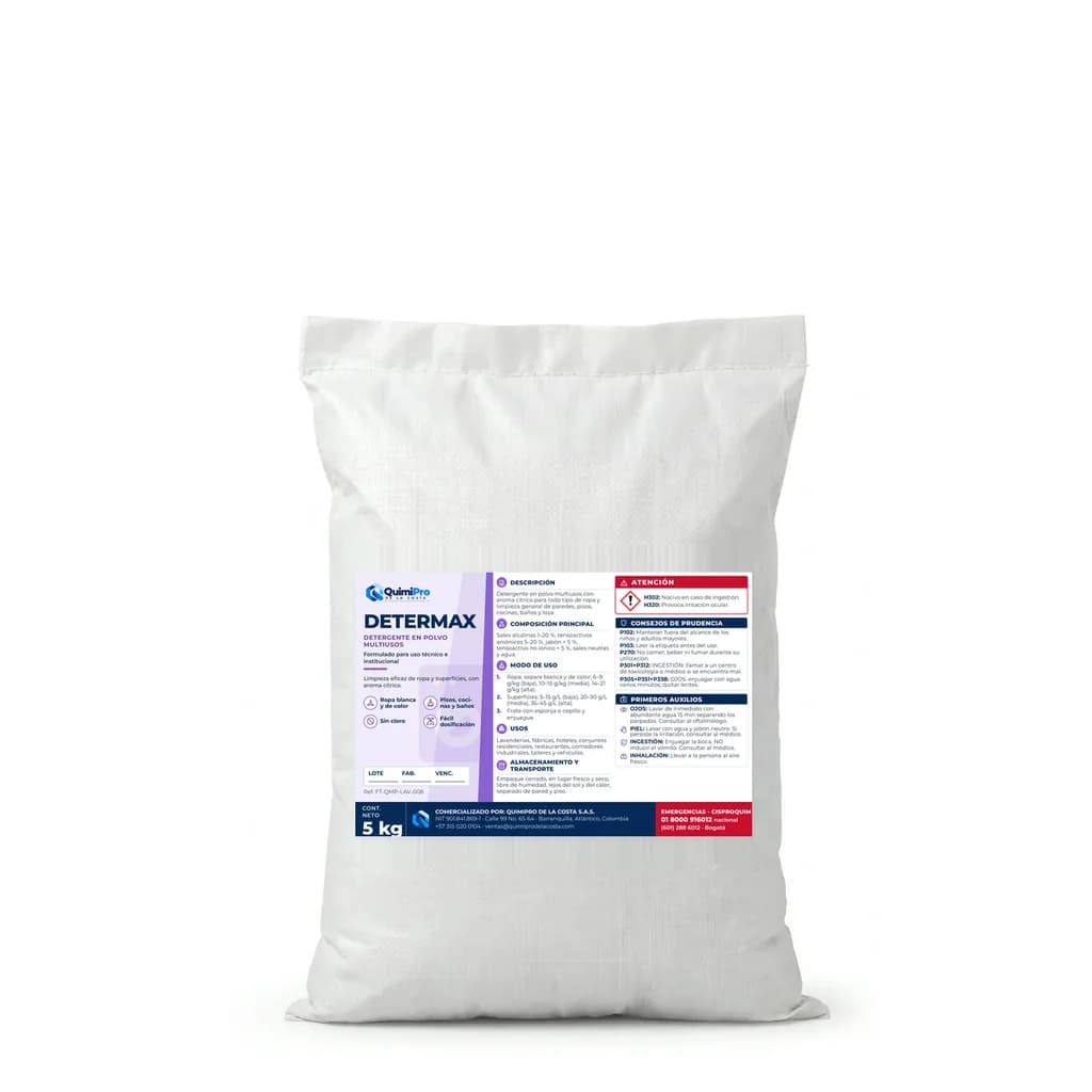 Envase de 5 kg de DeterMax Detergente en Polvo Multiusos con su etiqueta