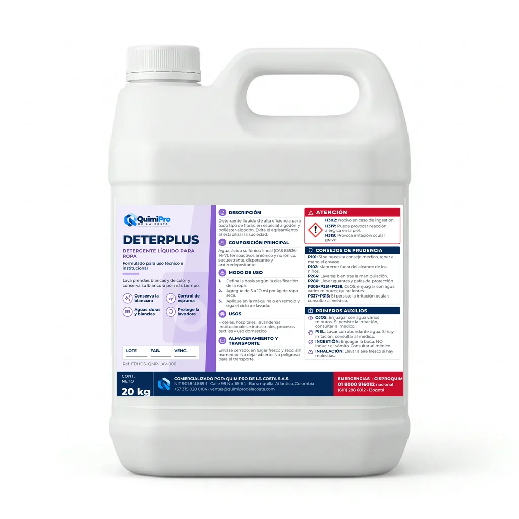 Envase de 20 kg de DeterPlus Detergente Líquido para Ropa con su etiqueta
