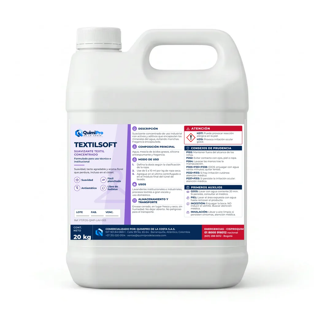 Envase de 20 kg de TextilSoft Suavisante con su etiqueta