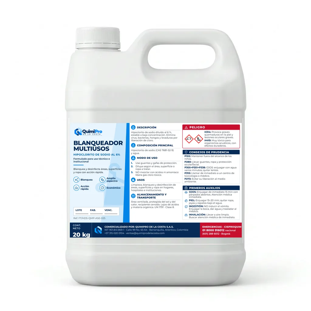 Envase de 20 kg de Blanqueador multiusos con su etiqueta